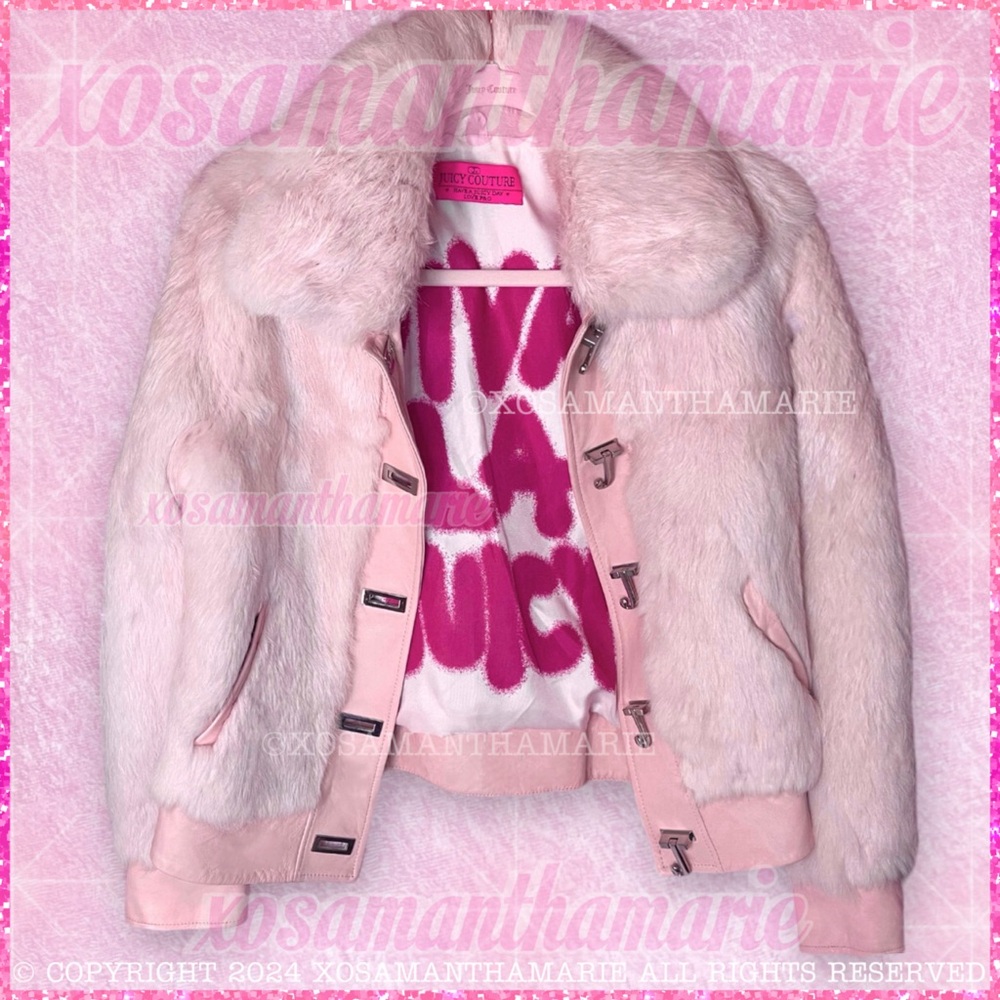 Vintage Y2K Juicy Couture Rare HTF Viva La Juicy Pink Rabbit Fur Jacket Coat - Picture 8 of 15